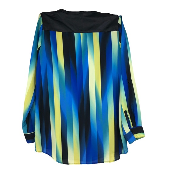 Rafaella Studio Blouse Sheer Multi-Colored Career Top w/Faux Leather Trim SZ L - Picture 2 of 7